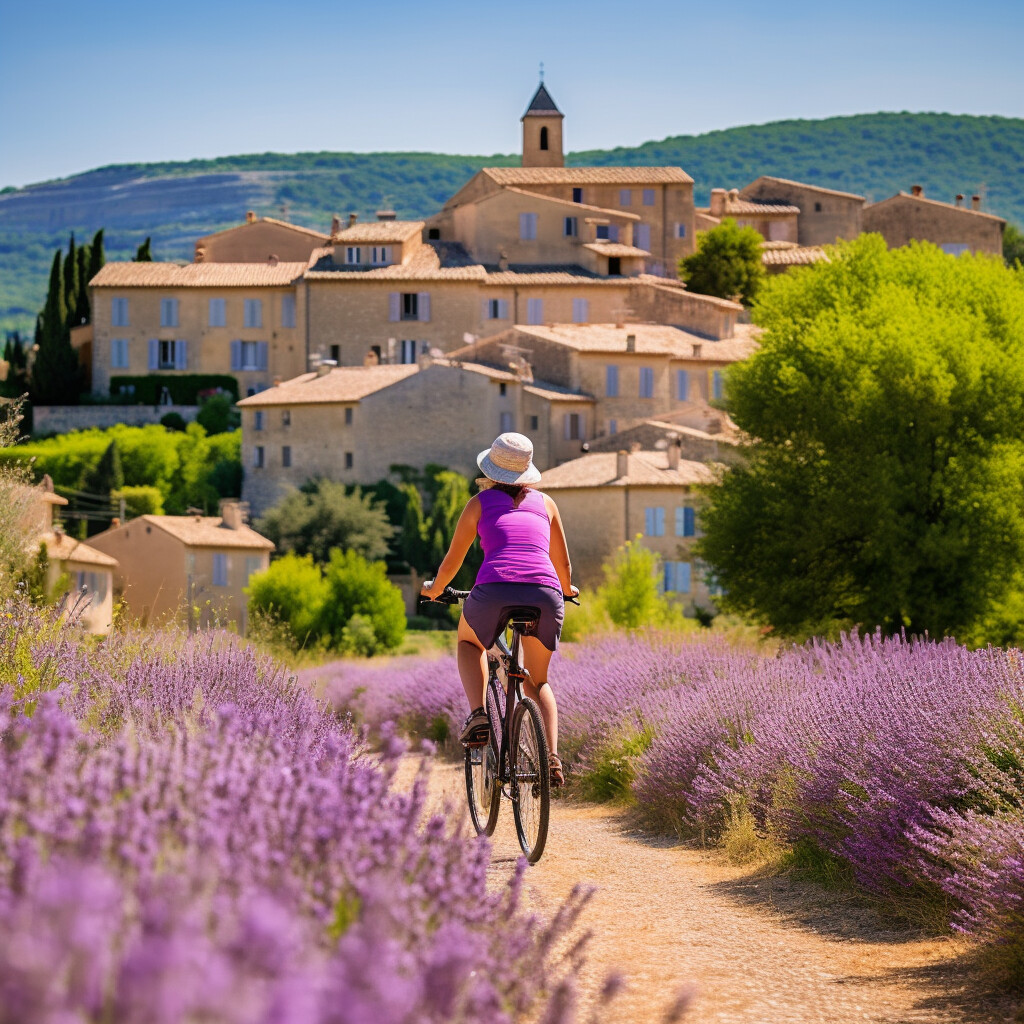 Woman cycling in french lavender fields