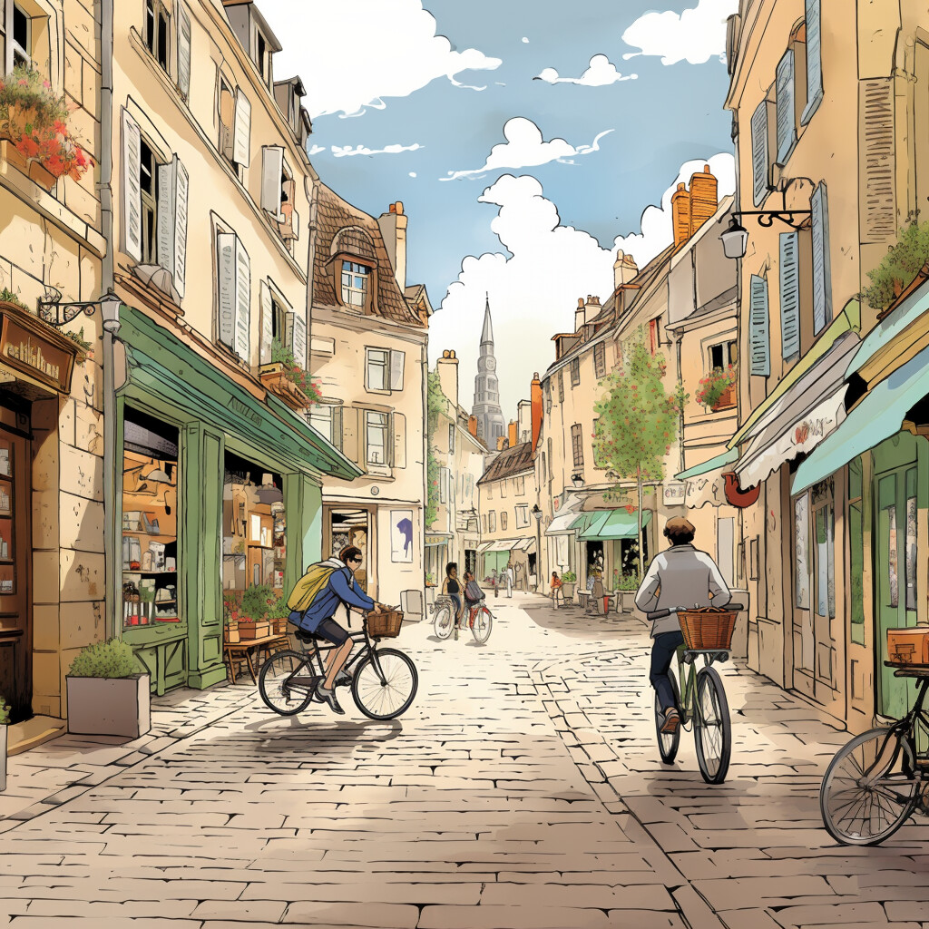 illustration of french village scene with cyclists 