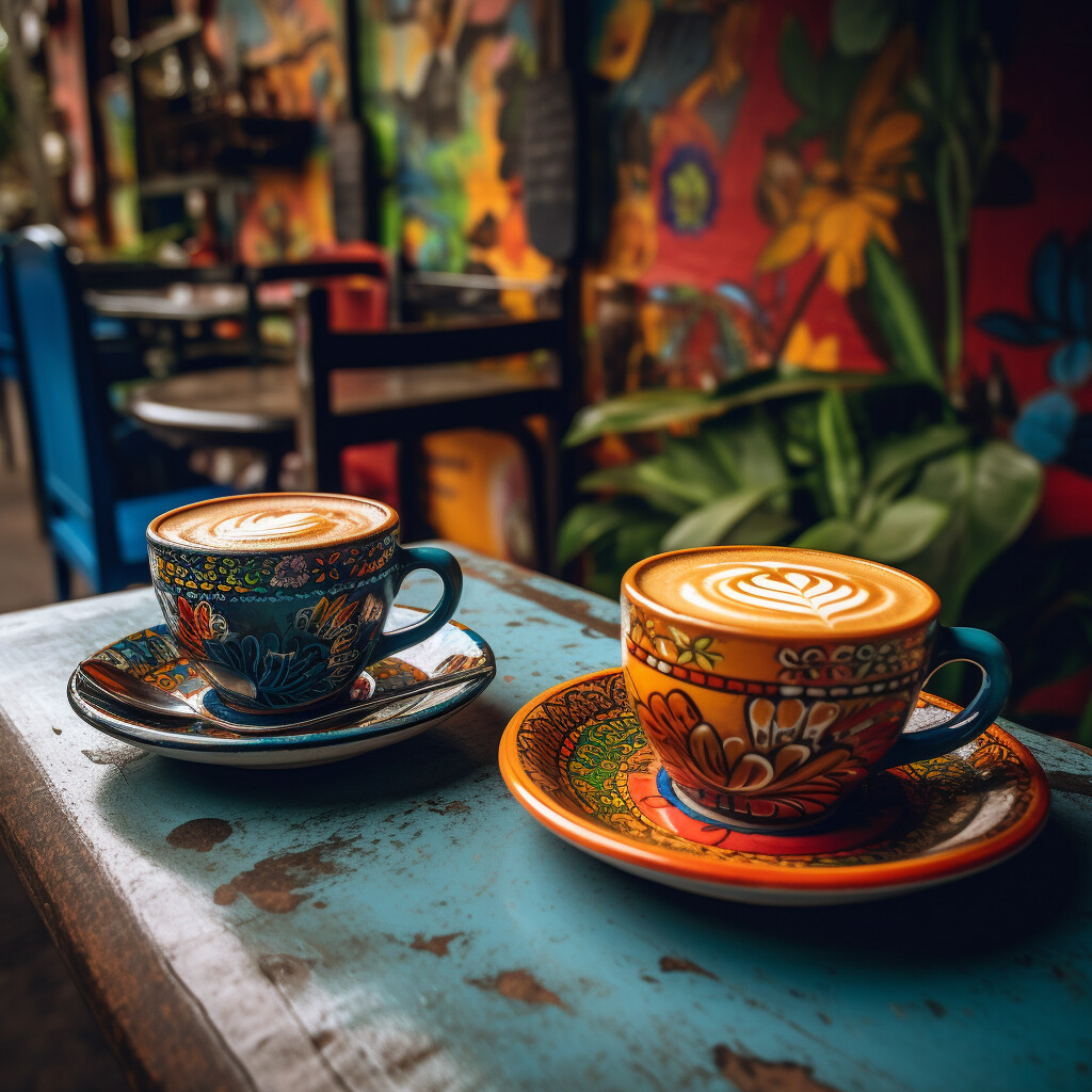 two cups of coffee in beautiful brightly colored mexican coffee cups